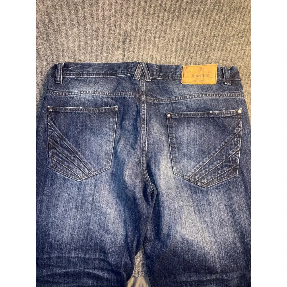 JEANIUS Akademiks Jeans Men 38 Blue Denim Stitch Distressed Stretch Straight Leg